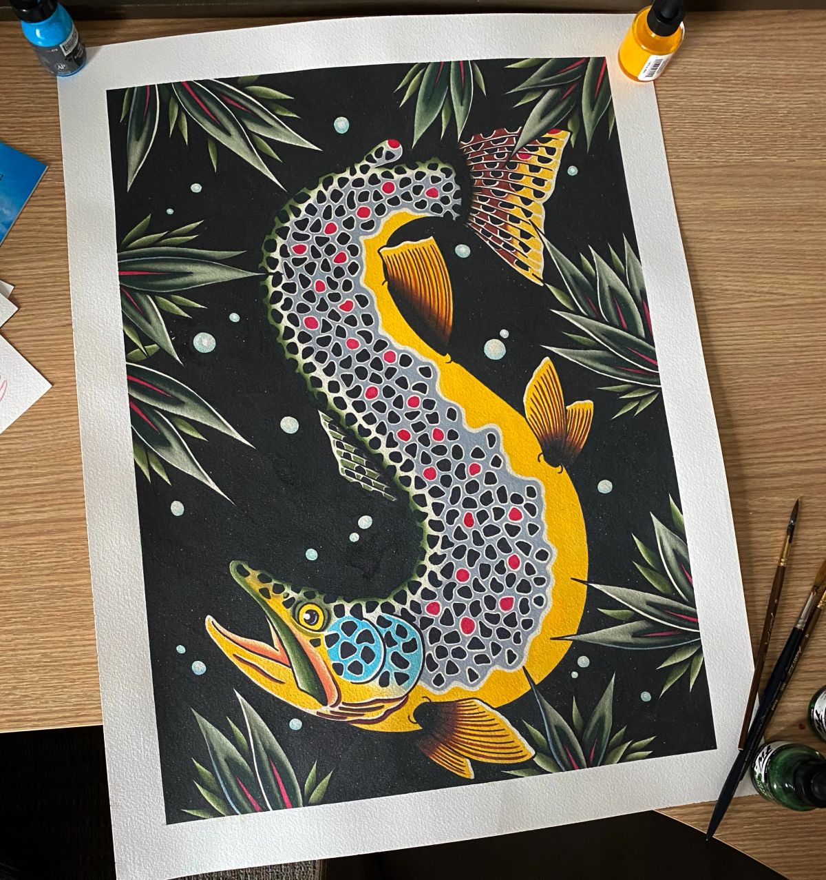Colorful fish print on table