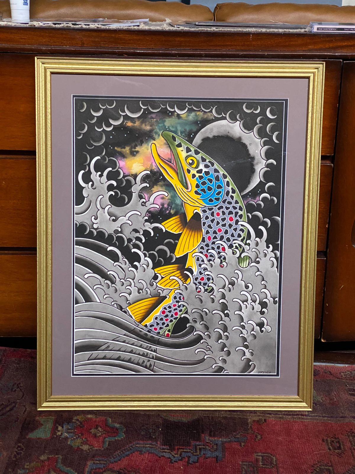 fish in Japanese style waves print in frame