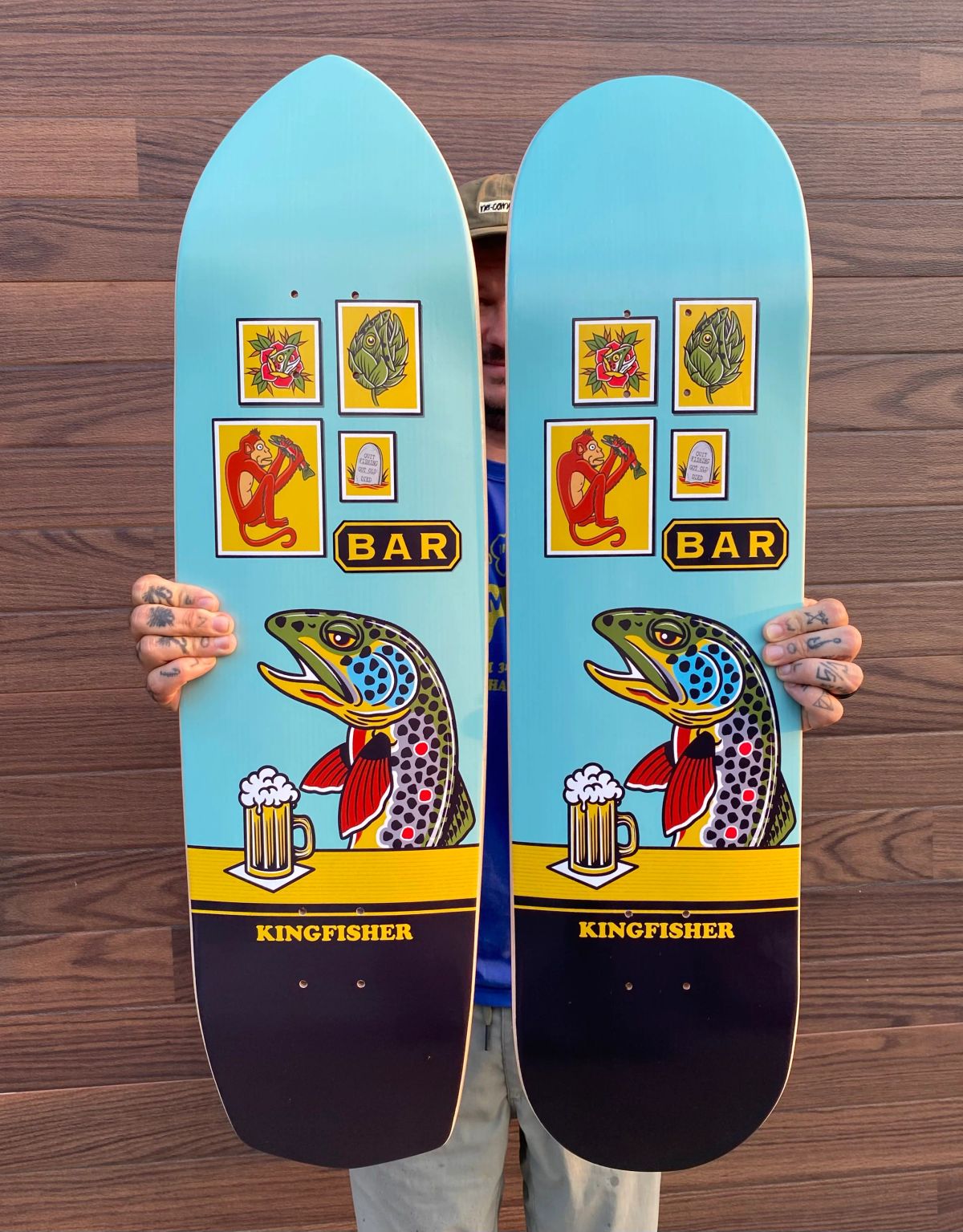 kingfisher skateboards with fish in bar