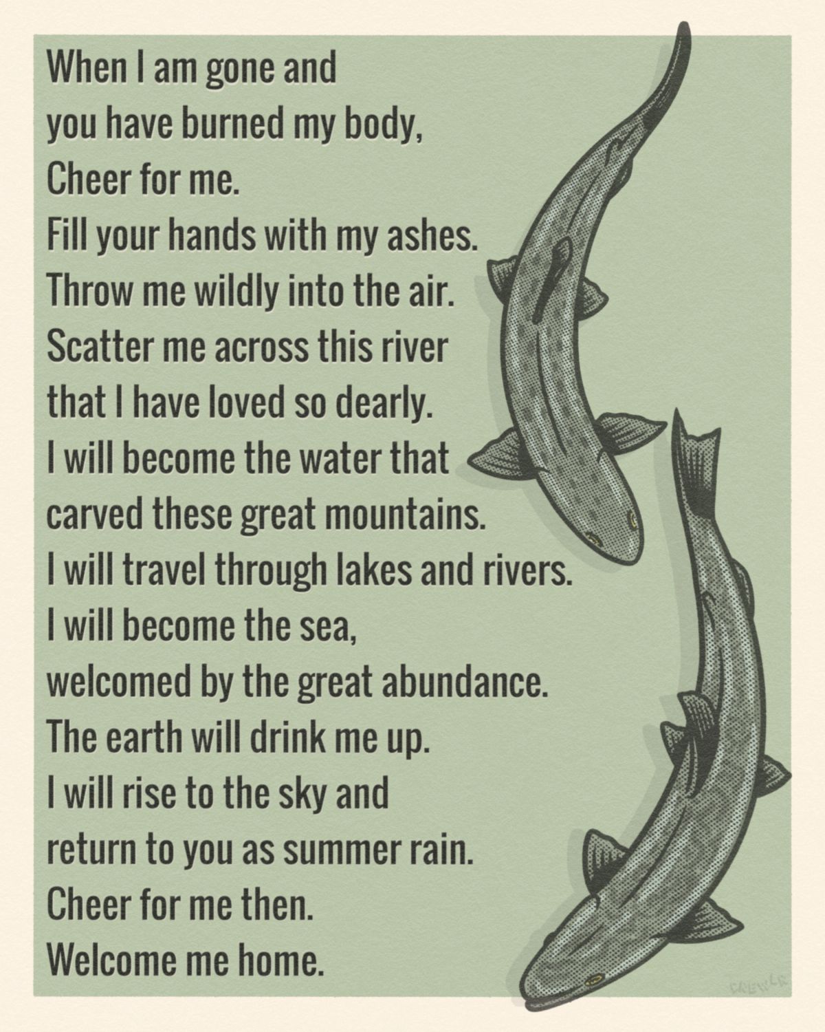 Welcome me home print with text and fish. 