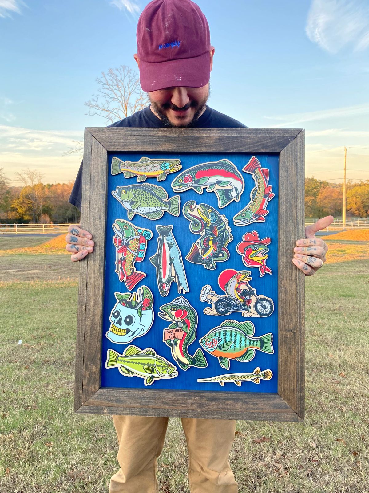 fish art woodcuts in frame
