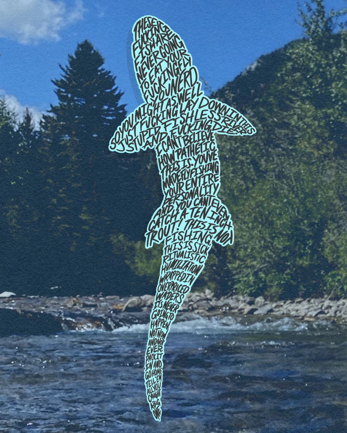 You suck a fishing handwriting style words inside a fish outline